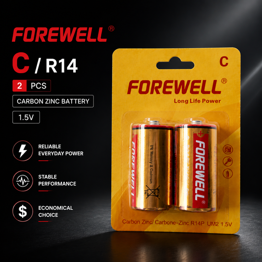 FOREWELL C size carbon zinc batteries in retail packaging