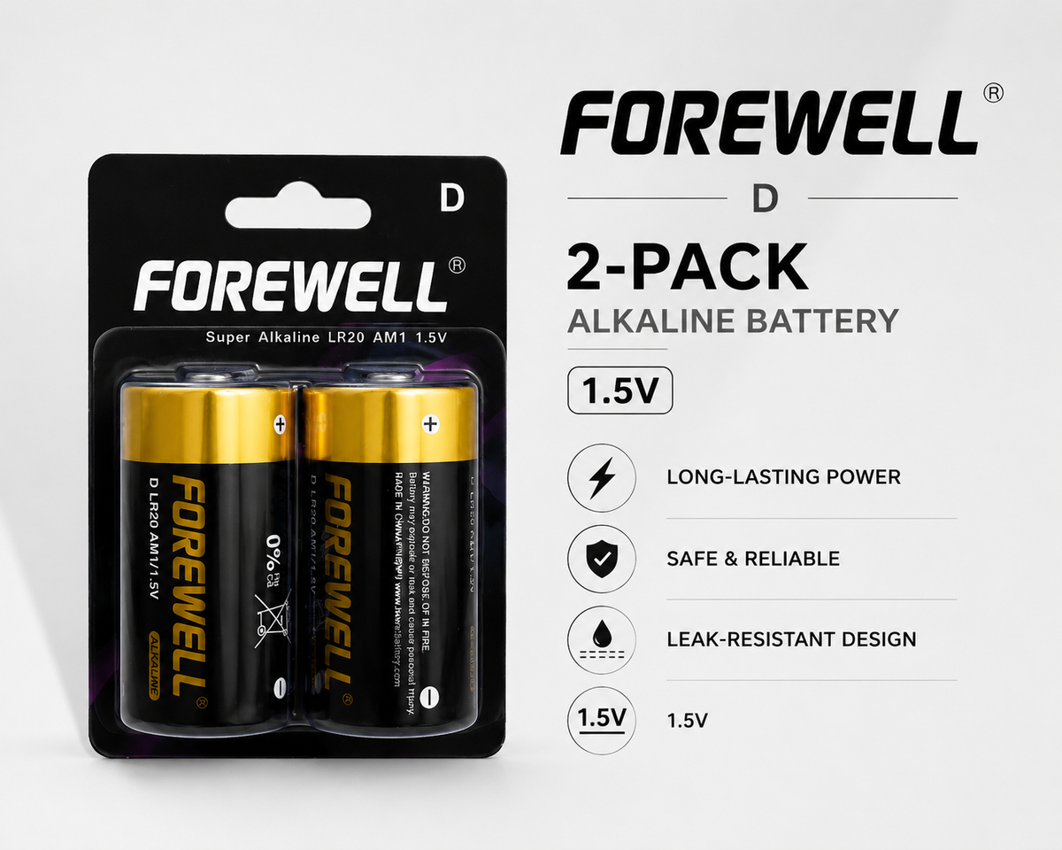 FOREWELL D LR20 alkaline batteries in 2-pack blister packaging