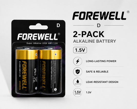 FOREWELL D LR20 alkaline batteries in 2-pack blister packaging