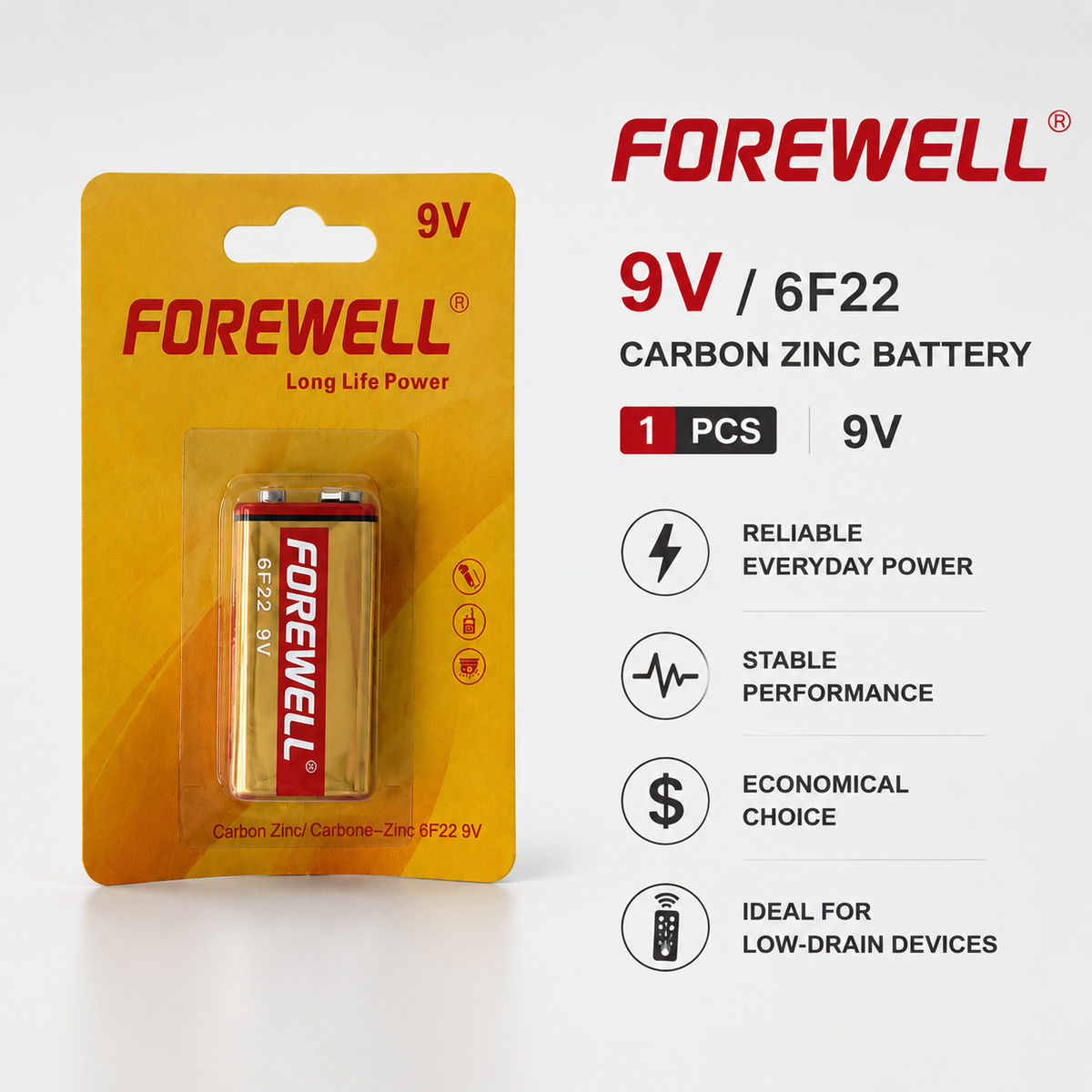 9V 6F22 carbon zinc batteries in wholesale packaging