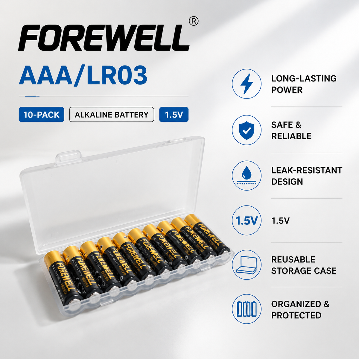 FOREWELL AAA LR03 alkaline batteries in reusable plastic box