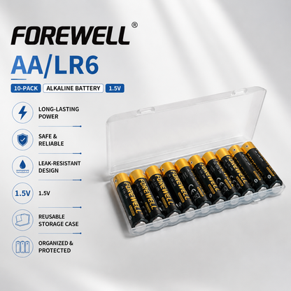 FOREWELL AA LR6 alkaline batteries in reusable plastic box