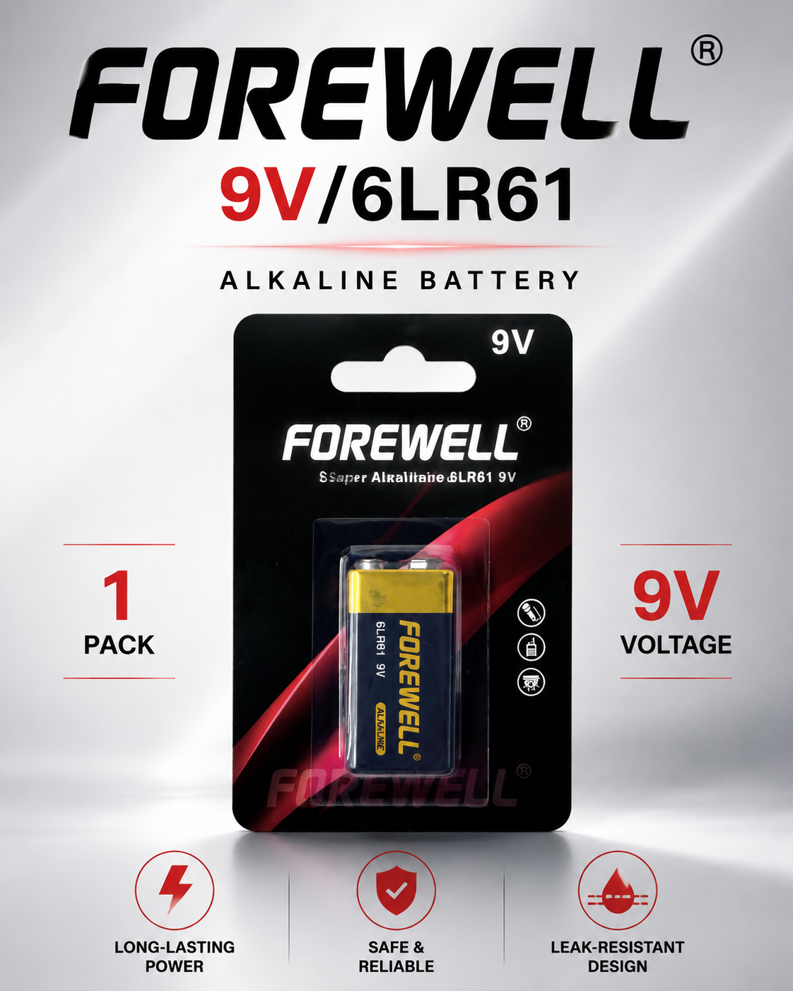 FOREWELL 9V 6LR61 alkaline battery in 1-pack blister packaging