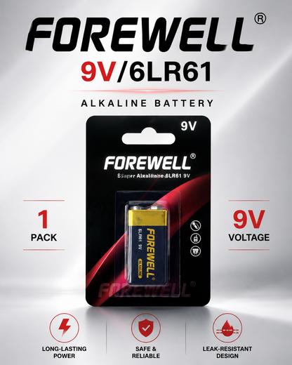FOREWELL 9V 6LR61 alkaline battery in 1-pack blister packaging