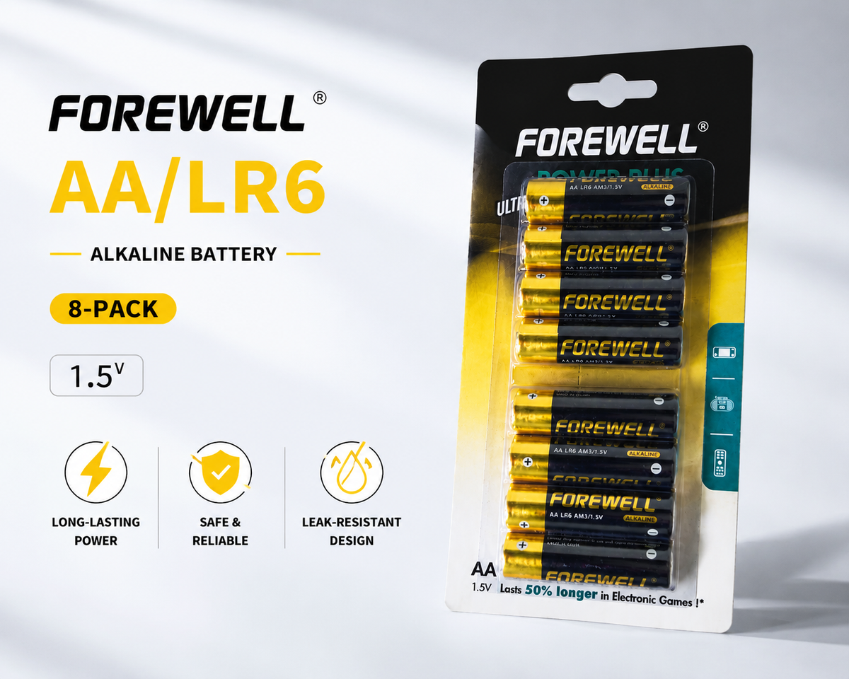 FOREWELL AA LR6 alkaline batteries in 8-pack blister packaging