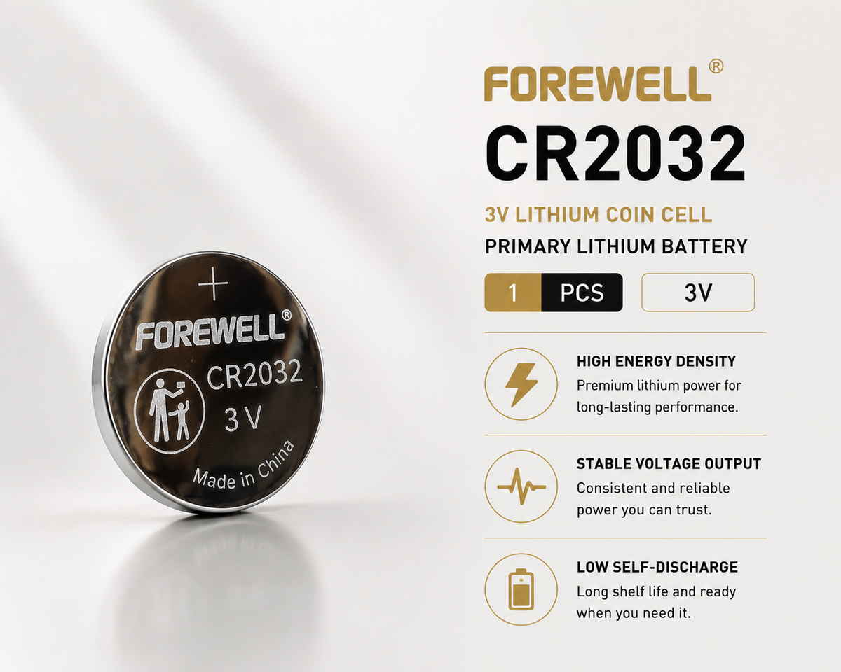 FOREWELL CR2032 lithium coin batteries in industrial tray