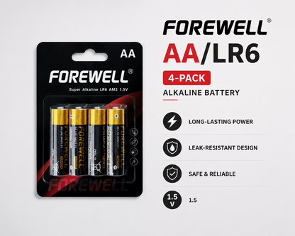 FOREWELL AA LR6 alkaline batteries in 4-pack blister packaging