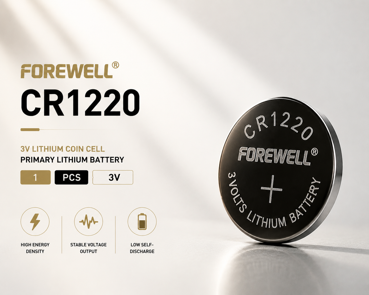 FOREWELL CR1220 lithium coin cell batteries in industrial tray