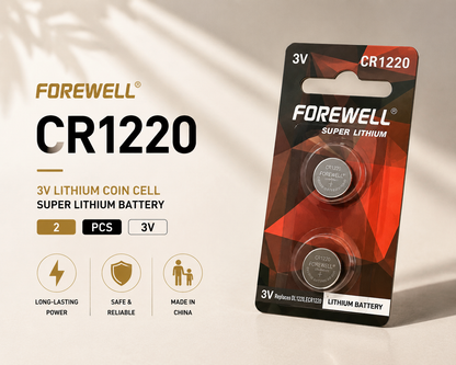 FOREWELL CR1220 lithium coin cell batteries in industrial tray 2-pack