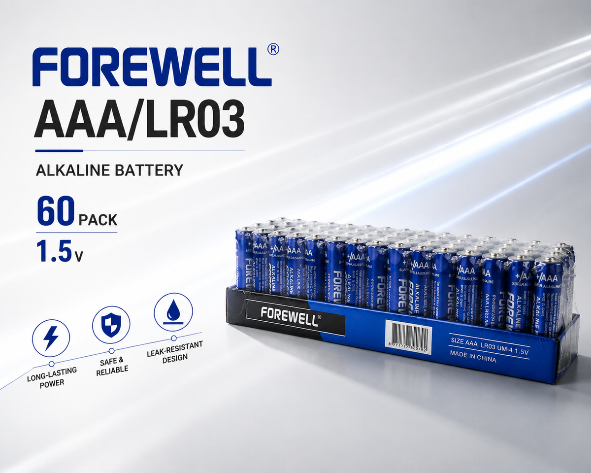 FOREWELL AAA LR03 alkaline batteries in 60-piece wholesale packaging