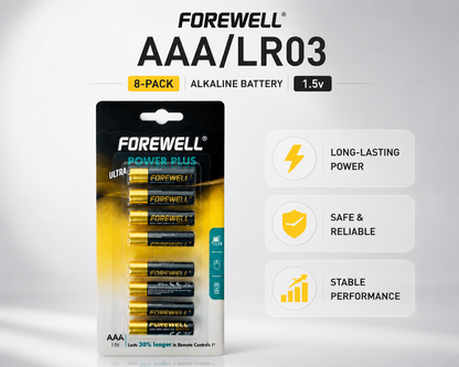 FOREWELL AAA LR03 alkaline batteries in 8-pack blister packaging
