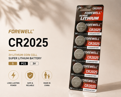 FOREWELL CR2025 3V lithium coin cell battery 5-pack
