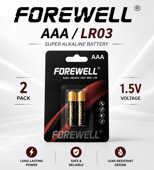 FOREWELL AAA LR03 alkaline batteries in 2-pack blister packaging