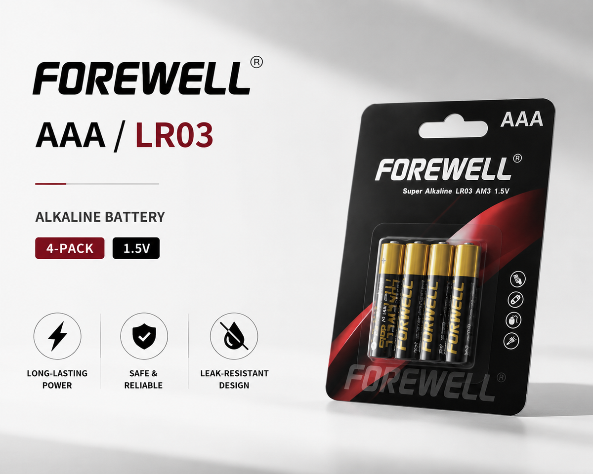 FOREWELL AAA LR03 alkaline batteries in 4-pack blister packaging