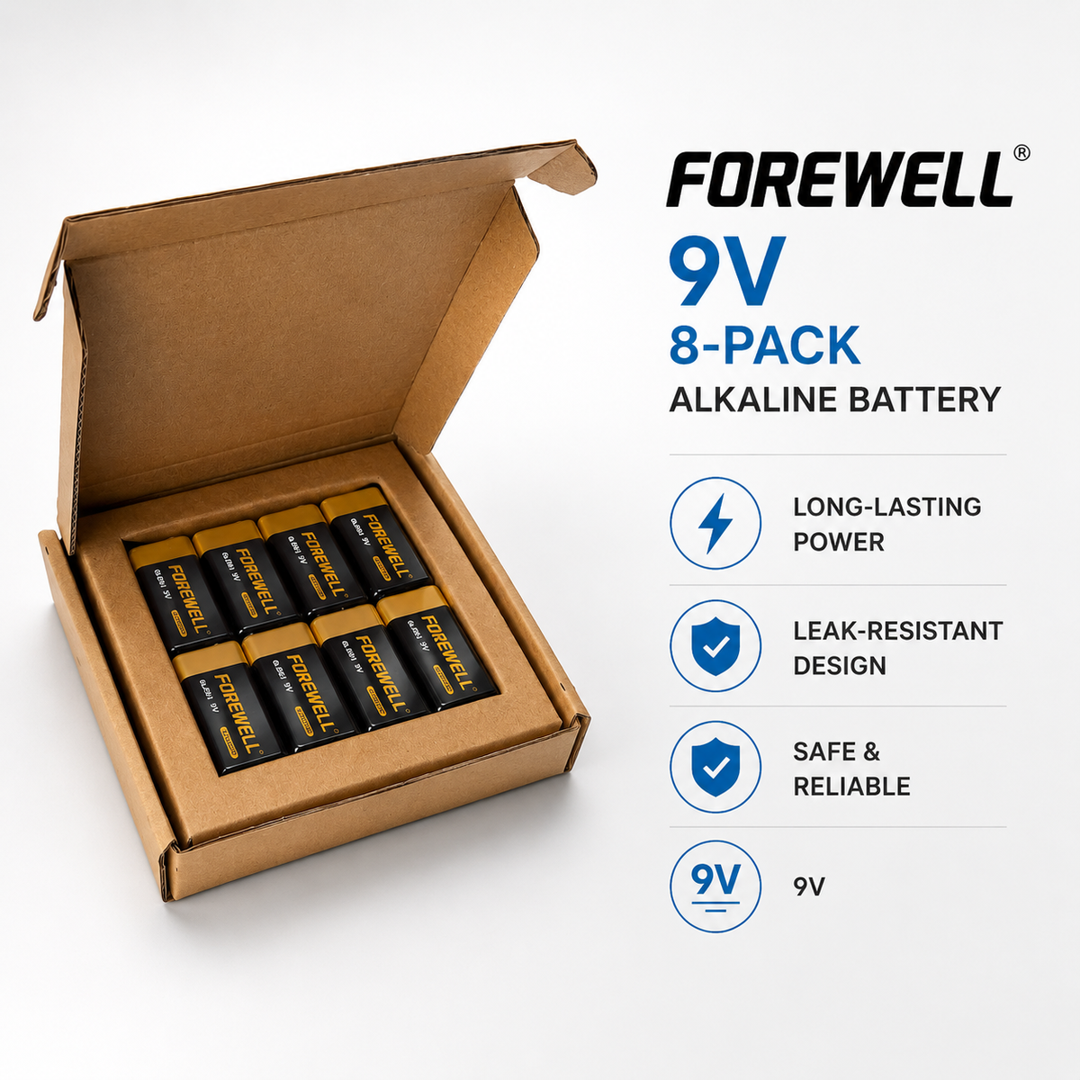 FOREWELL 9V 6LR61 alkaline batteries in 8-pack paper box