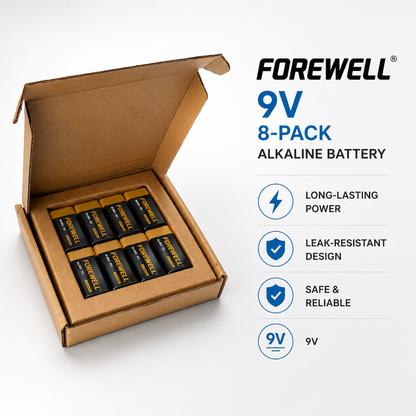 FOREWELL 9V 6LR61 alkaline batteries in 8-pack paper box