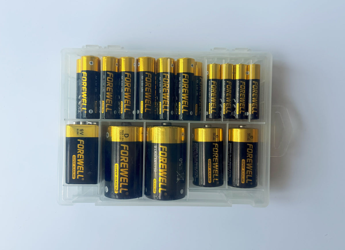 Mixed AA AAA C D and 9V batteries in a storage case